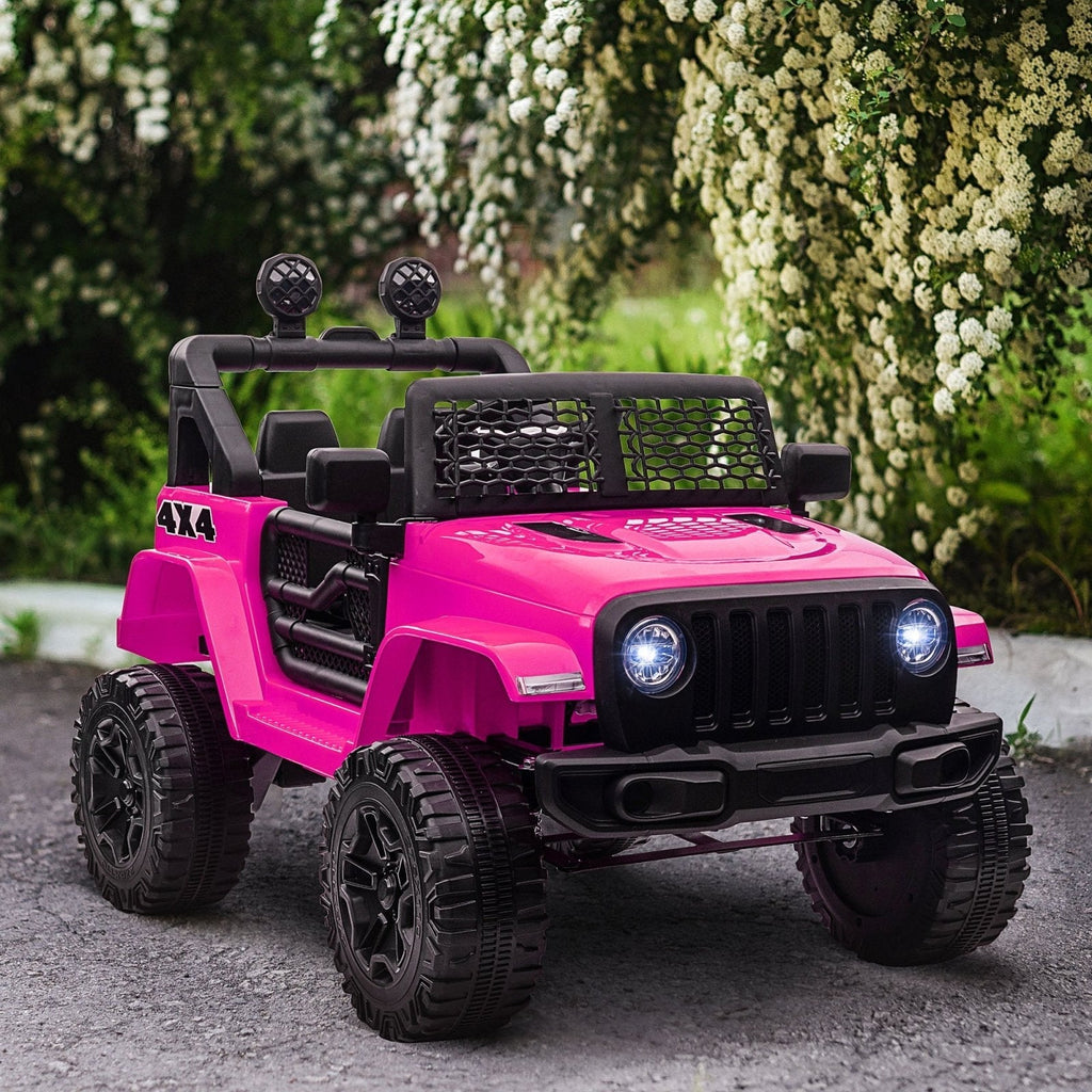 Carro elétrico infantil com 2 motores alimentados por bateria de 12 V, caminhão off-road com controle remoto parental, buzina, luzes, suspensão e rodas, cor rosa
