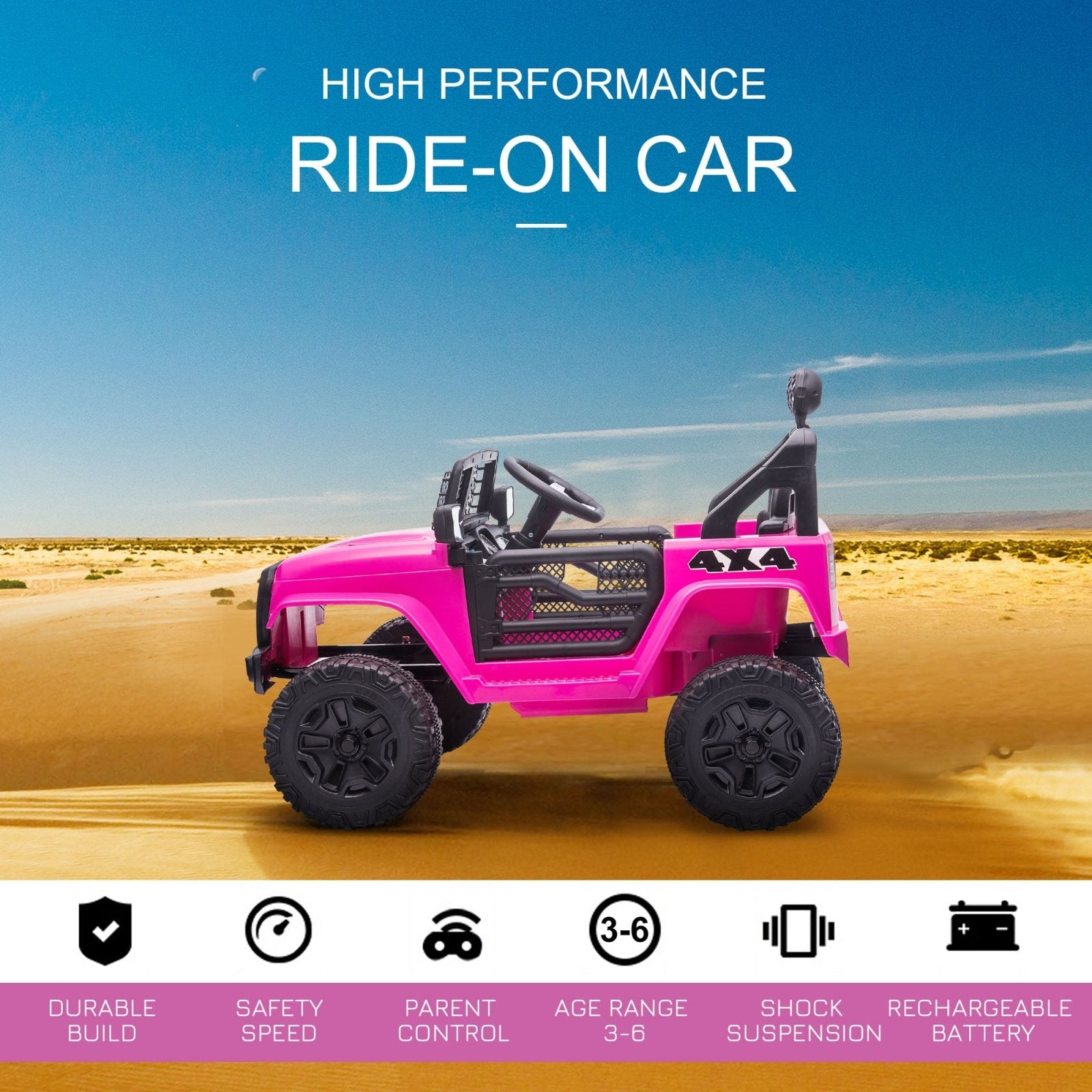 Carro elétrico infantil com 2 motores alimentados por bateria de 12 V, caminhão off-road com controle remoto parental, buzina, luzes, suspensão e rodas, cor rosa