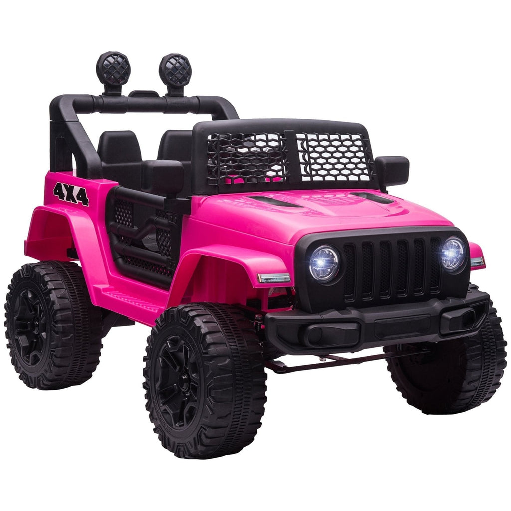 Carro elétrico infantil com 2 motores alimentados por bateria de 12 V, caminhão off-road com controle remoto parental, buzina, luzes, suspensão e rodas, cor rosa