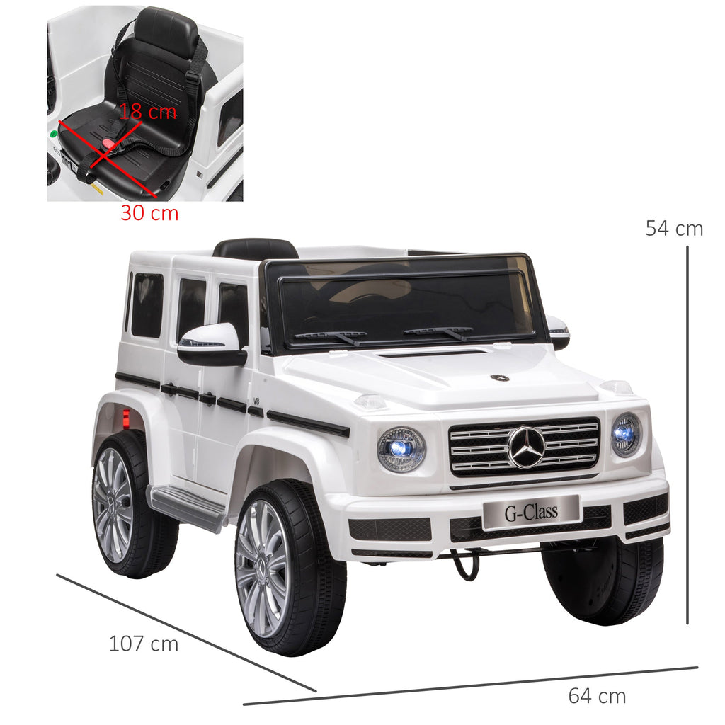 Mercedes Benz G500 Brinquedo elétrico para crianças com licença oficial, 12 V, com controlo remoto parental, alimentado a bateria, 2 motores, luzes musicais, MP3, para crianças dos 3 aos 8 anos, branco