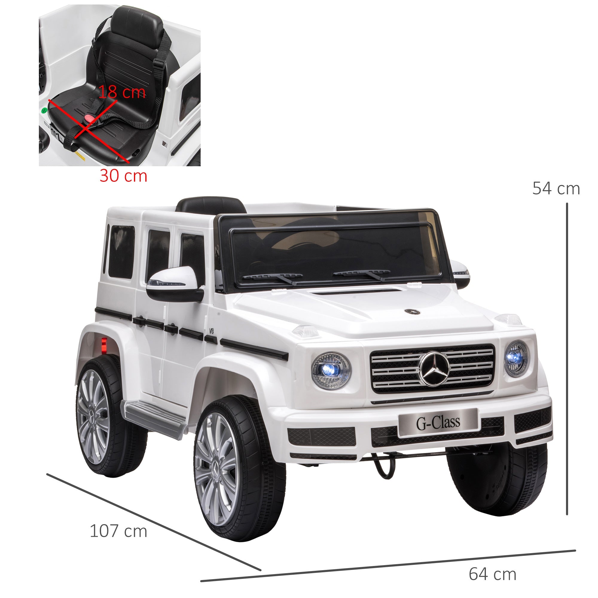 Mercedes Benz G500 Brinquedo elétrico para crianças com licença oficial, 12 V, com controlo remoto parental, alimentado a bateria, 2 motores, luzes musicais, MP3, para crianças dos 3 aos 8 anos, branco