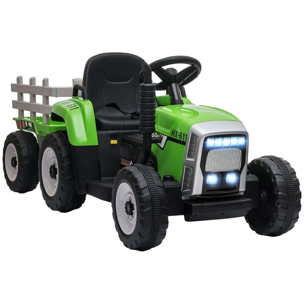 Trator elétrico com reboque destacável, carro elétrico infantil a bateria de 12 V com controlo remoto, música para crianças dos 3 aos 6 anos, verde