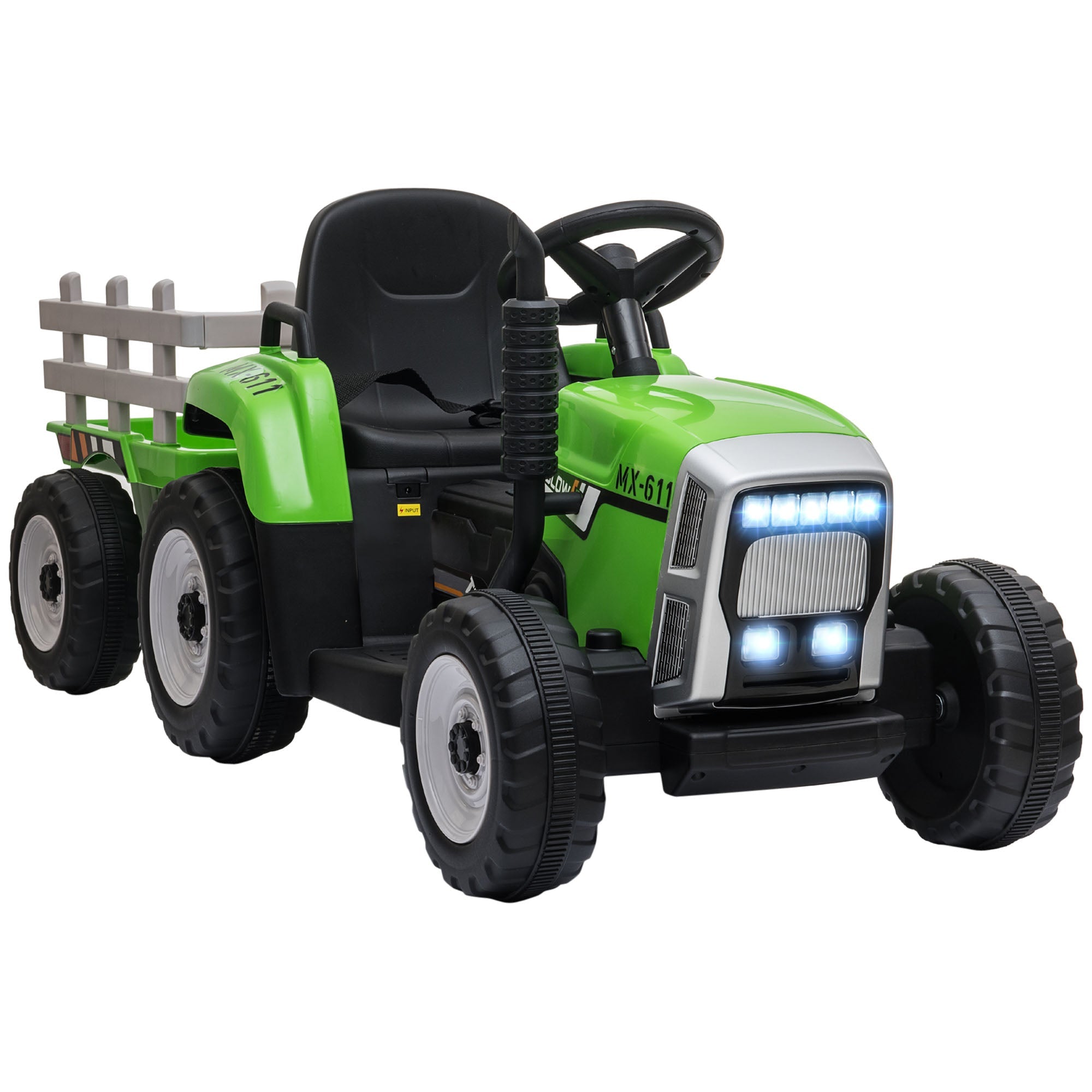 Trator elétrico com reboque destacável, carro elétrico infantil a bateria de 12 V com controlo remoto, música para crianças dos 3 aos 6 anos, verde