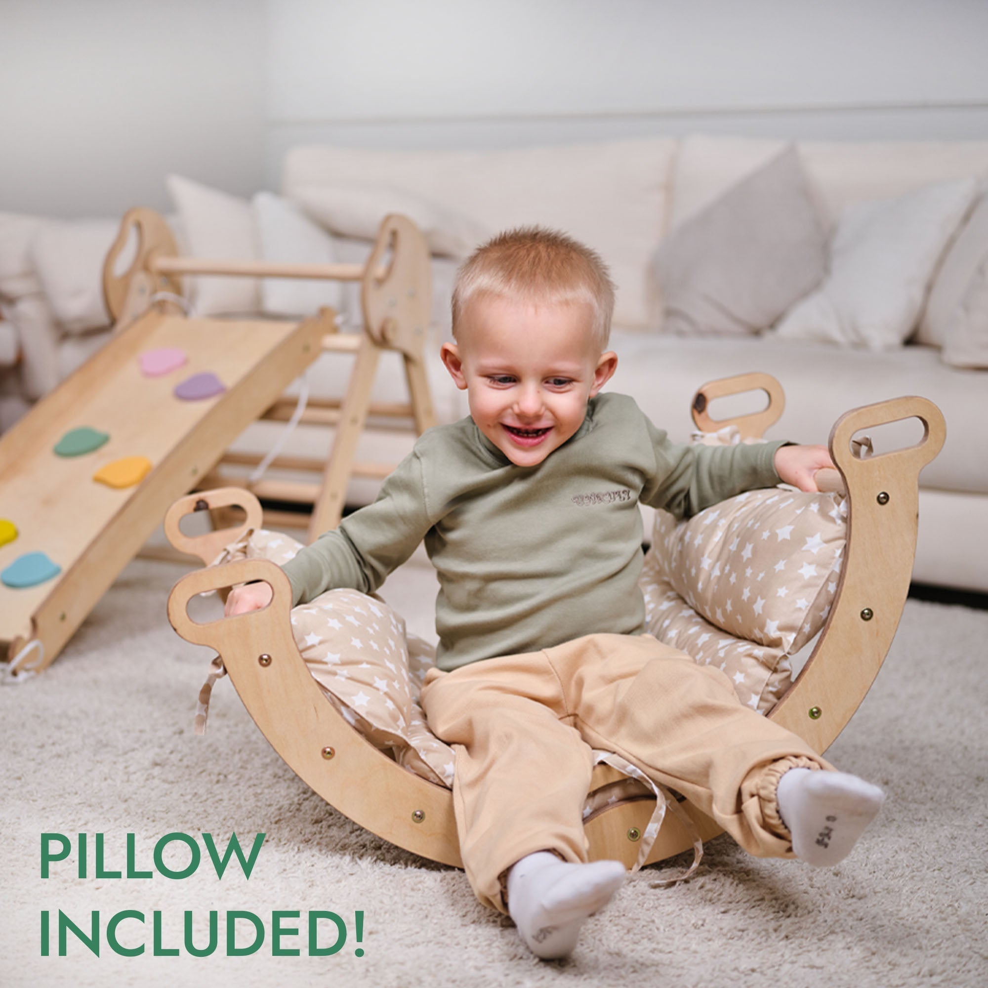 4-in-1 Kletterset für Kleinkinder: Pikler-Dreieck + Kletterbogen + Rutschbrett + Kissen - “Gebraucht – Wie neu”