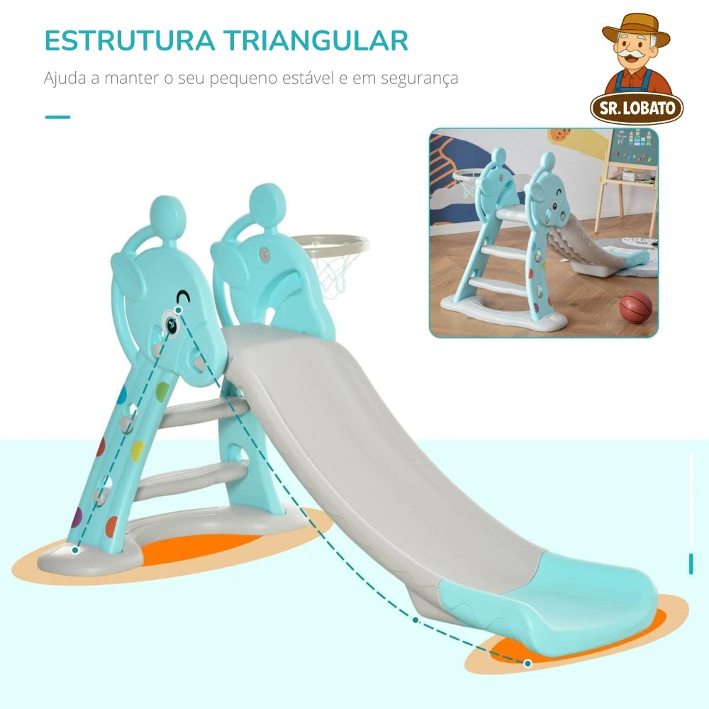 Escorrega Infantil 2 em 1 com Cesto de Basquetebol – Formato de Girafa (Azul)