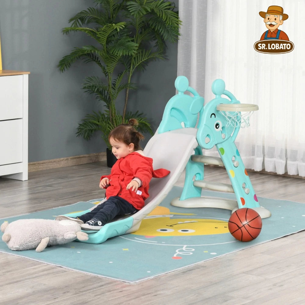 Escorrega Infantil 2 em 1 com Cesto de Basquetebol – Formato de Girafa (Azul)