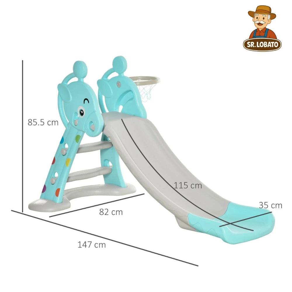 Escorrega Infantil 2 em 1 com Cesto de Basquetebol – Formato de Girafa (Azul)