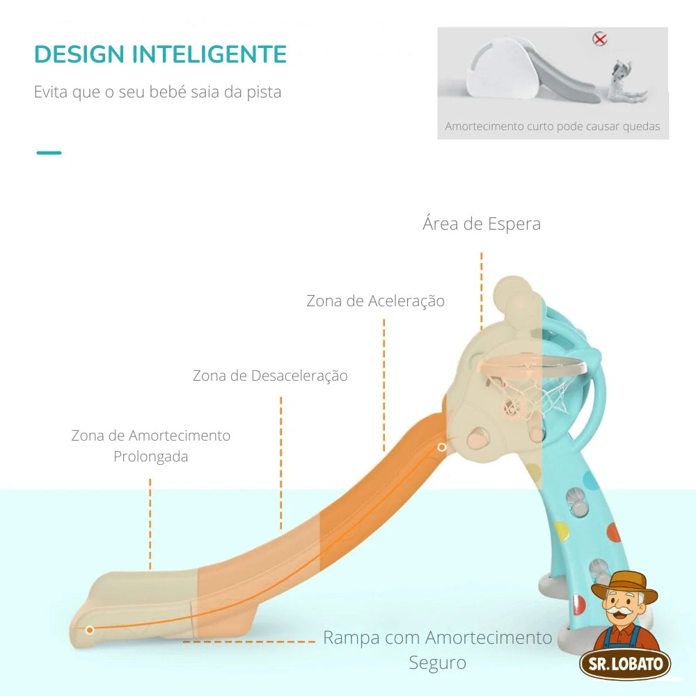 Escorrega Infantil 2 em 1 com Cesto de Basquetebol – Formato de Girafa (Azul)