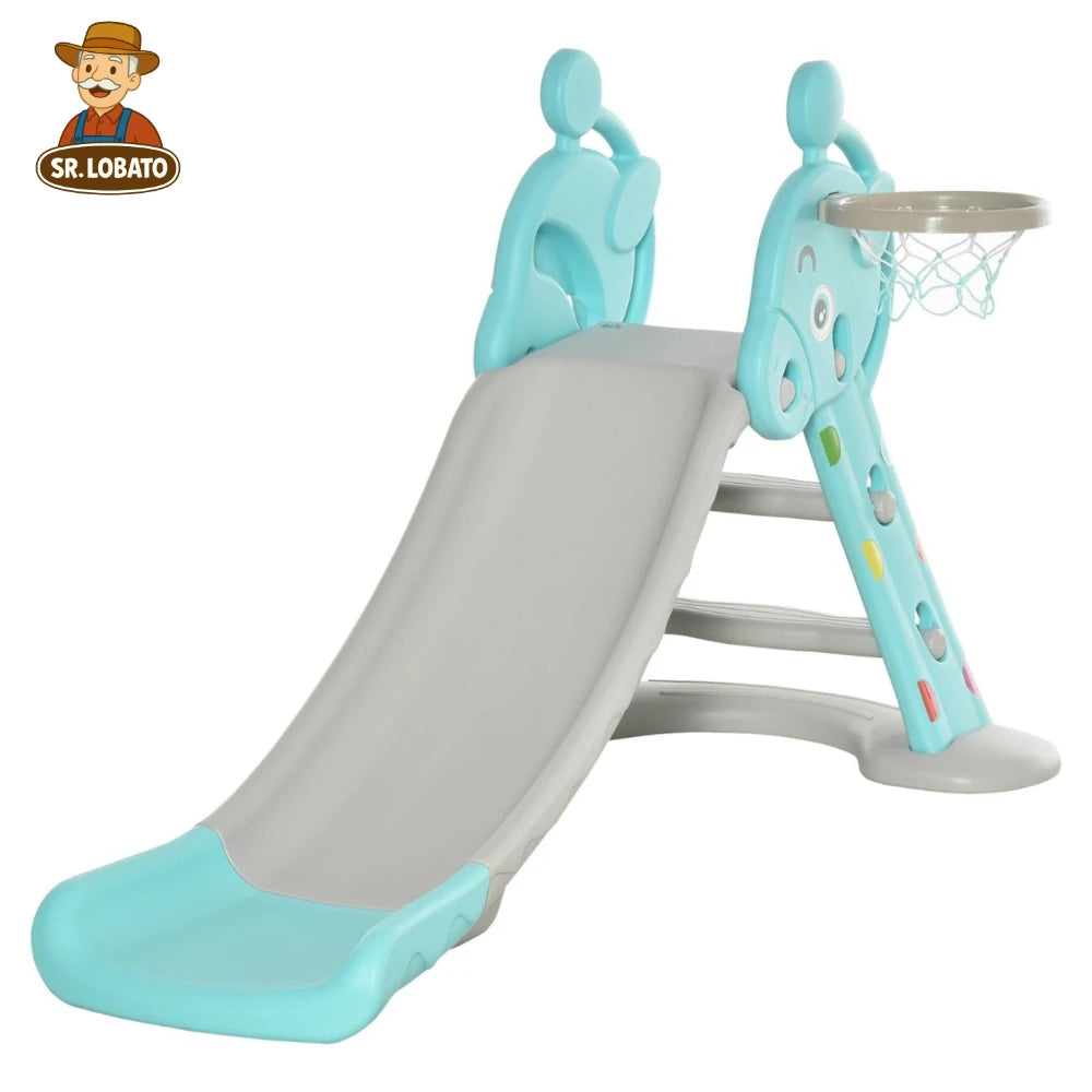 Escorrega Infantil 2 em 1 com Cesto de Basquetebol – Formato de Girafa (Azul)