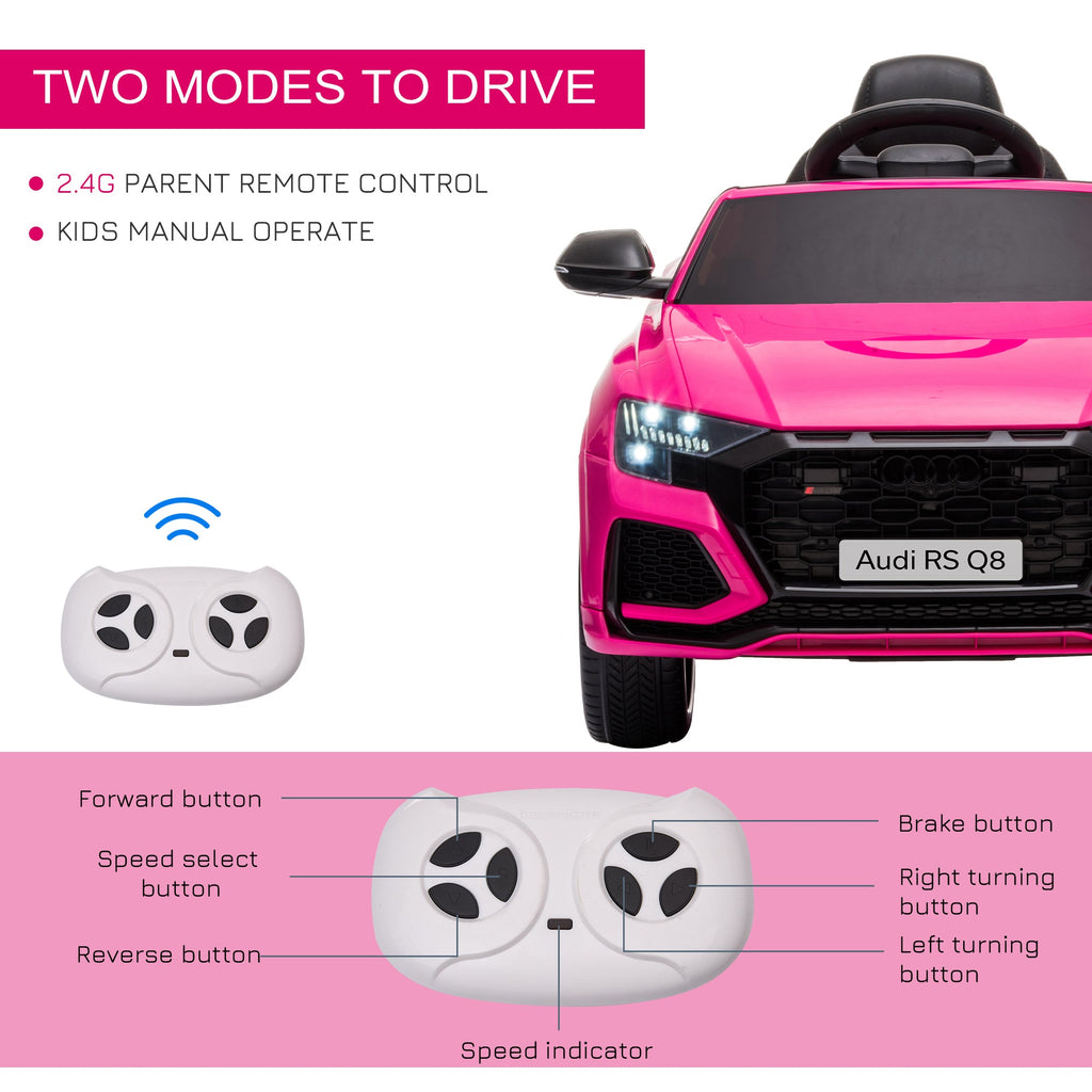 Carro elétrico infantil compatível com bateria de 6 V Audi RS Q8 com controlo remoto parental, música, luzes, USB, MP3 e Bluetooth, cor rosa