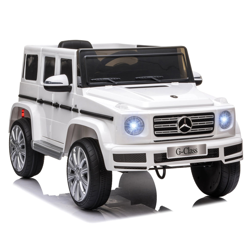 Mercedes Benz G500 Brinquedo elétrico para crianças com licença oficial, 12 V, com controlo remoto parental, alimentado a bateria, 2 motores, luzes musicais, MP3, para crianças dos 3 aos 8 anos, branco
