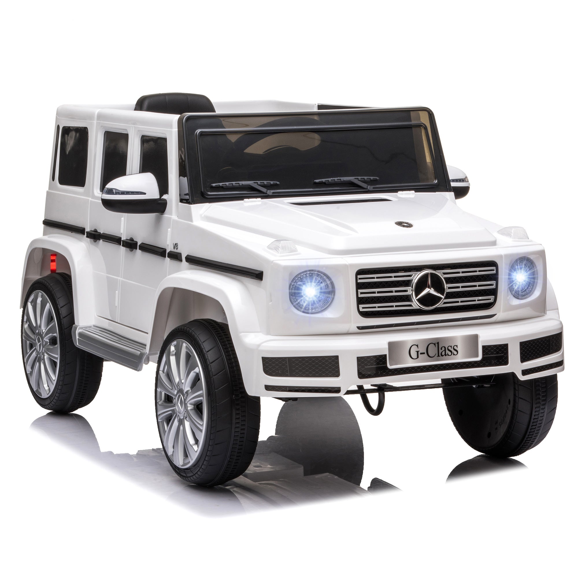Mercedes Benz G500 Brinquedo elétrico para crianças com licença oficial, 12 V, com controlo remoto parental, alimentado a bateria, 2 motores, luzes musicais, MP3, para crianças dos 3 aos 8 anos, branco