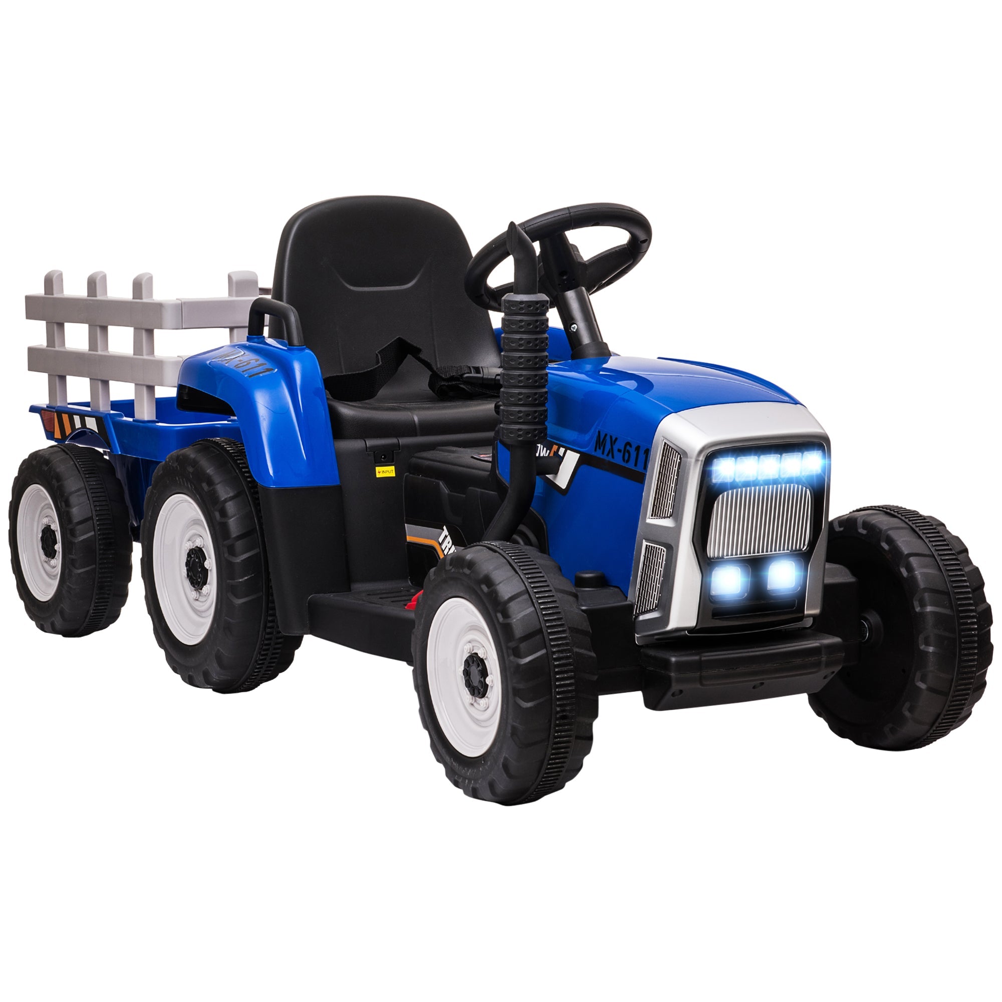 Trator elétrico com reboque destacável, carro elétrico infantil a bateria de 12 V com controlo remoto, som de arranque com música, azul