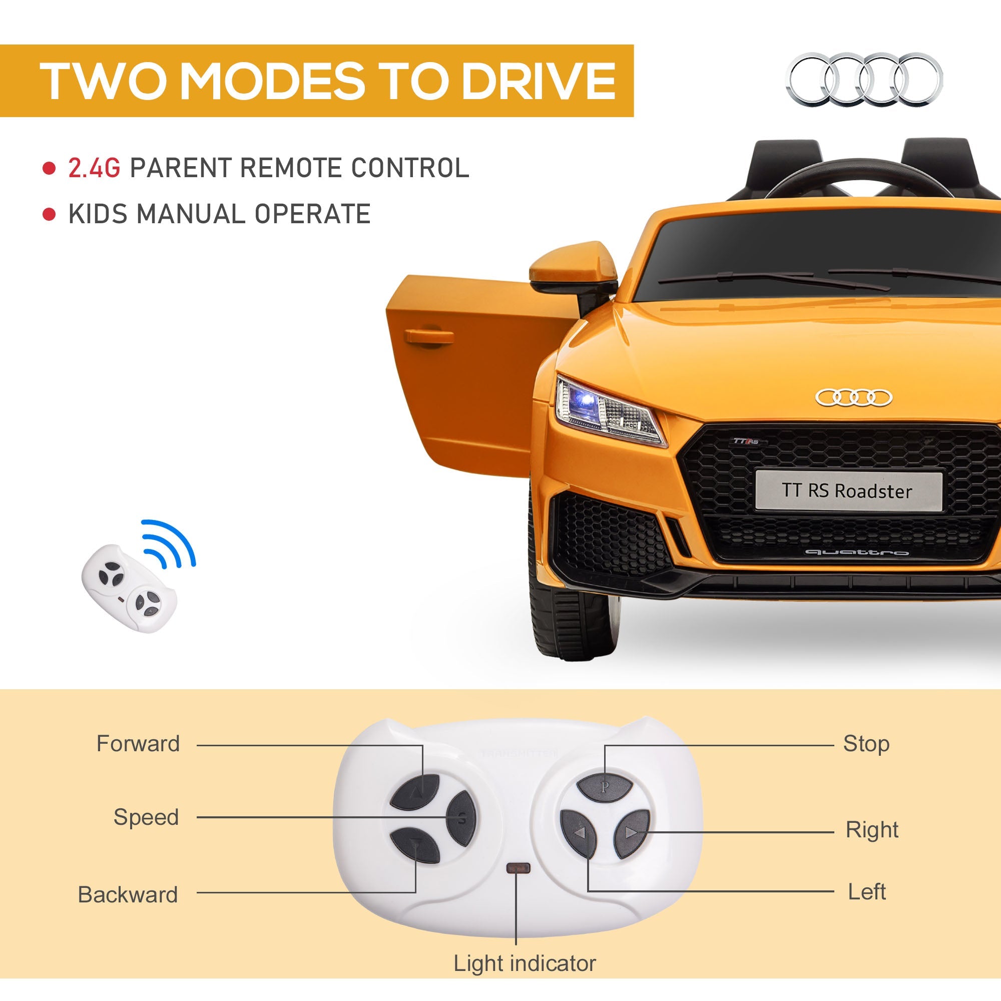 Carro infantil licenciado Audi TT RS com bateria de 12 V, suspensão com controle remoto, faróis e leitor de MP3, velocidade de 3 km/h, cor amarela