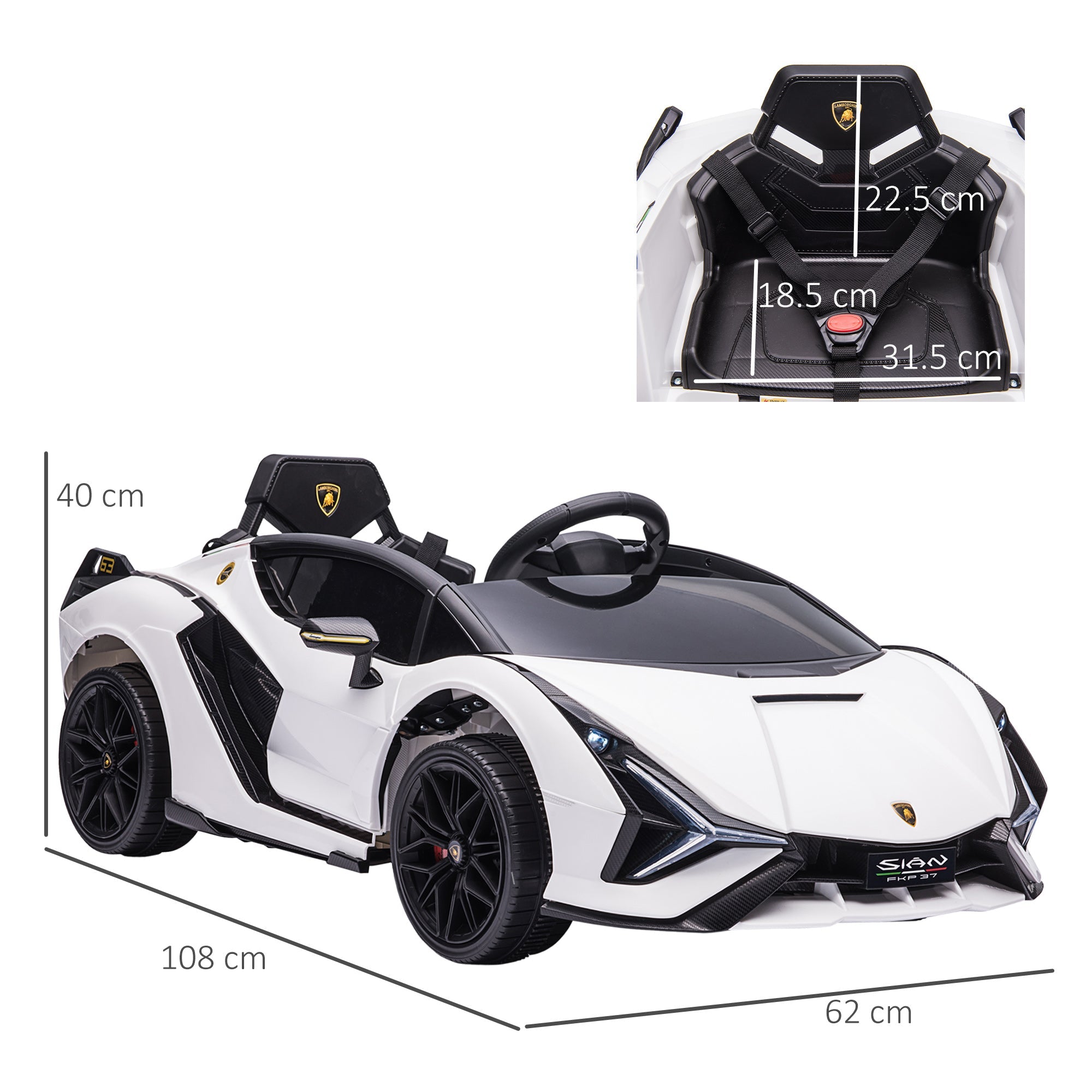 Carro elétrico infantil compatível com bateria de 12 V Lamborghini SIAN Toy com controlo remoto parental, luzes e MP3 para crianças de 3 a 5 anos, branco