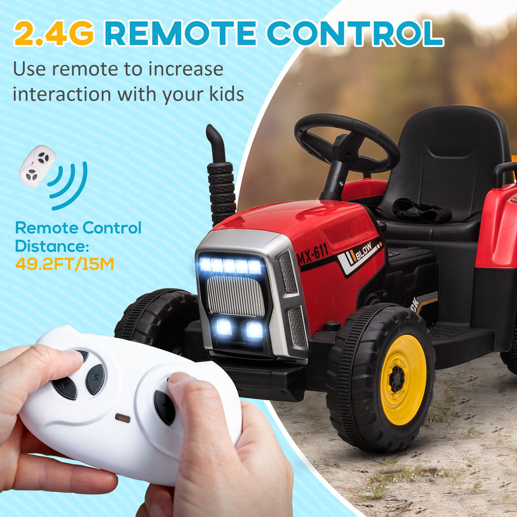 Trator elétrico com reboque destacável, carro elétrico infantil alimentado por bateria de 12 V com controlo remoto e som de arranque musical