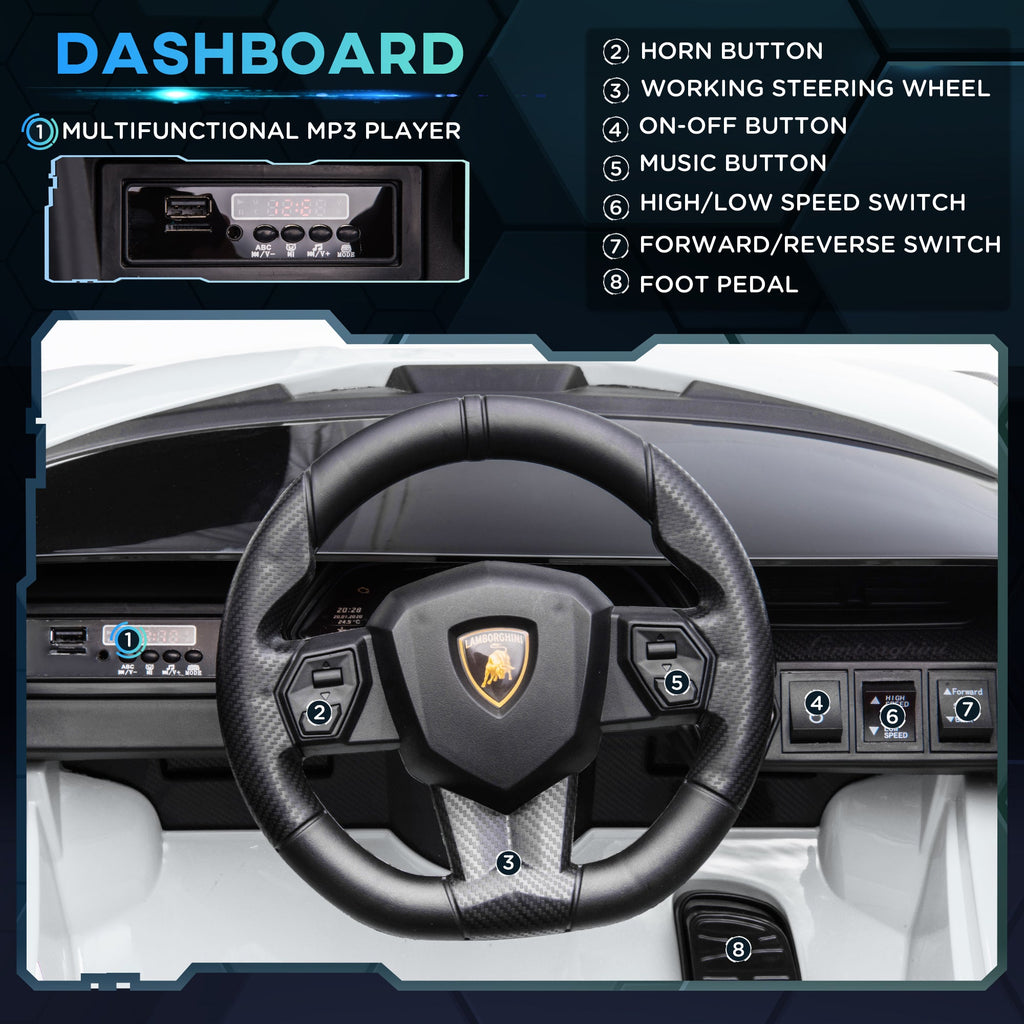 Carro elétrico infantil compatível com bateria de 12 V Lamborghini SIAN Toy com controlo remoto parental, luzes e MP3 para crianças de 3 a 5 anos, branco