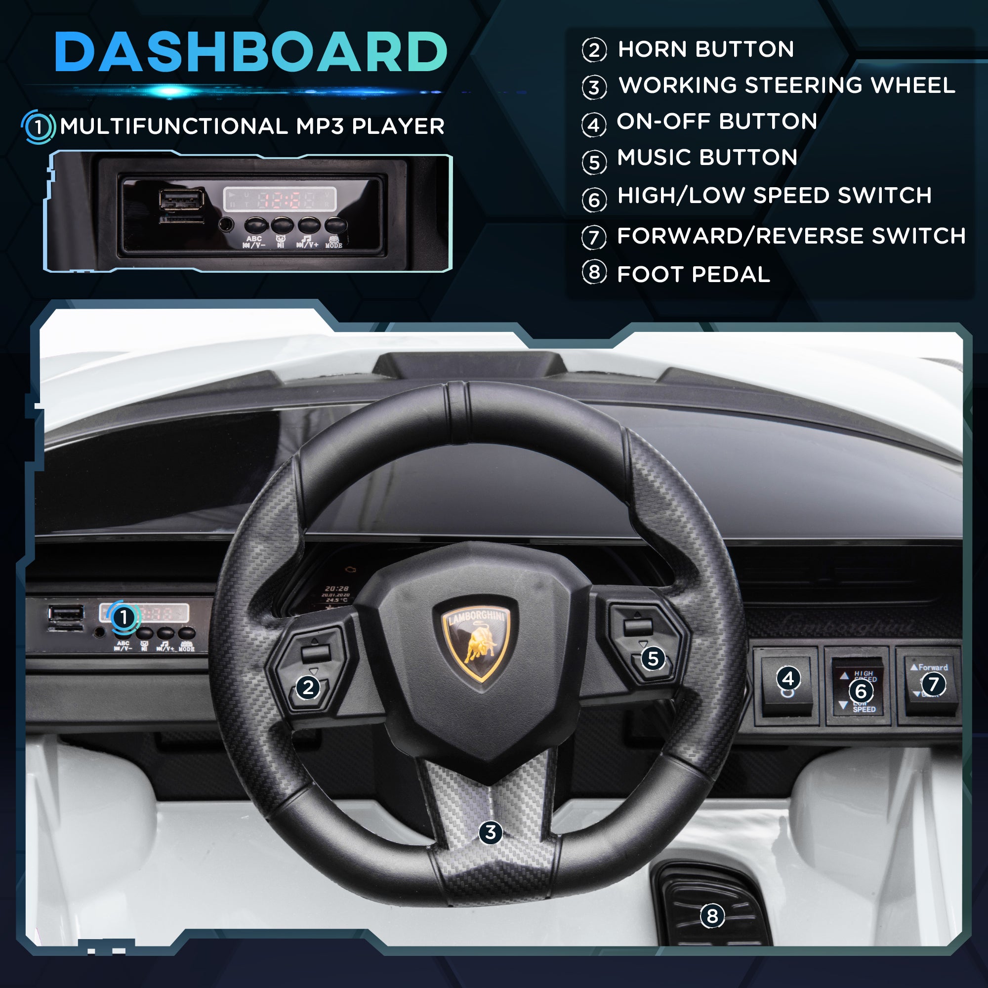 Carro elétrico infantil compatível com bateria de 12 V Lamborghini SIAN Toy com controlo remoto parental, luzes e MP3 para crianças de 3 a 5 anos, branco