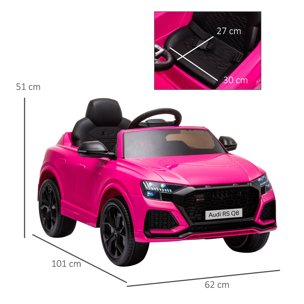 Carro elétrico infantil compatível com bateria de 6 V Audi RS Q8 com controlo remoto parental, música, luzes, USB, MP3 e Bluetooth, cor rosa