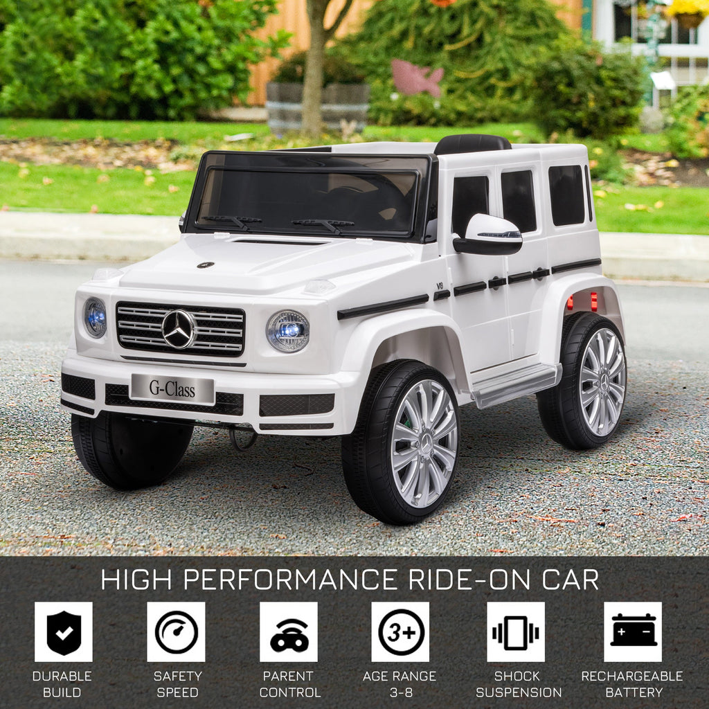 Mercedes Benz G500 Brinquedo elétrico para crianças com licença oficial, 12 V, com controlo remoto parental, alimentado a bateria, 2 motores, luzes musicais, MP3, para crianças dos 3 aos 8 anos, branco