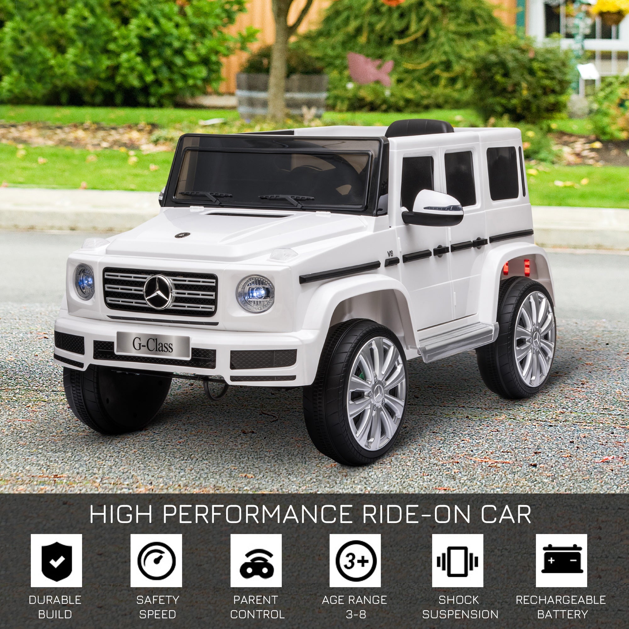 Mercedes Benz G500 Brinquedo elétrico para crianças com licença oficial, 12 V, com controlo remoto parental, alimentado a bateria, 2 motores, luzes musicais, MP3, para crianças dos 3 aos 8 anos, branco