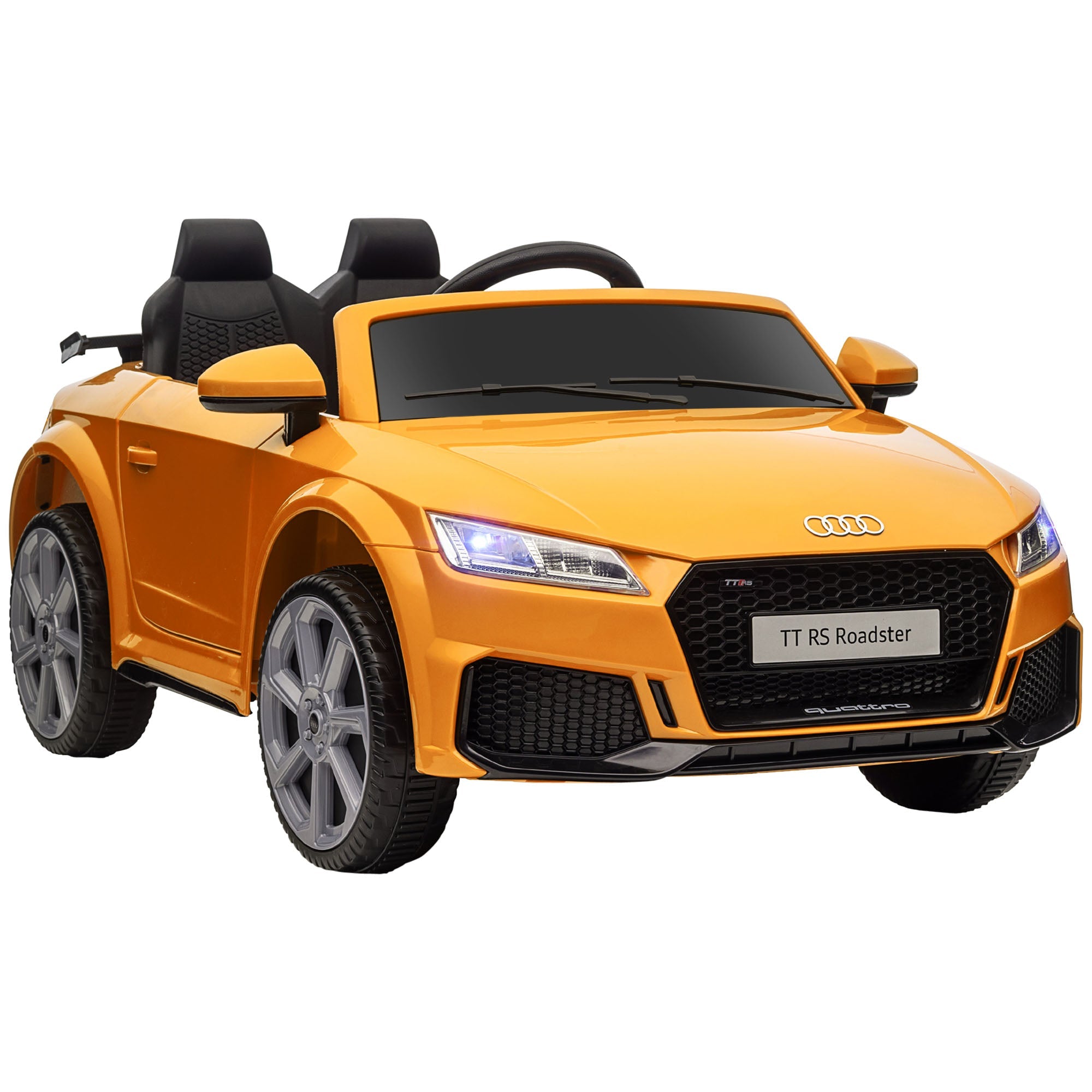 Carro infantil licenciado Audi TT RS com bateria de 12 V, suspensão com controle remoto, faróis e leitor de MP3, velocidade de 3 km/h, cor amarela