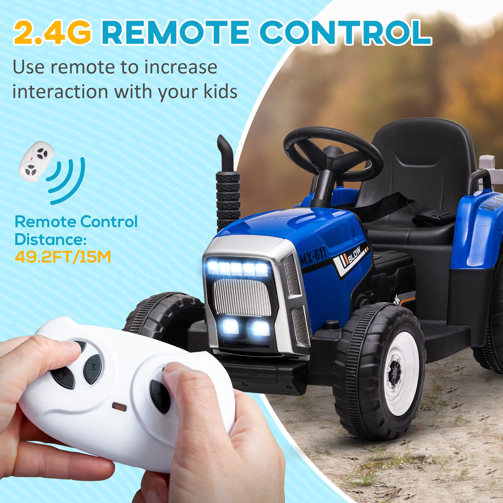Trator elétrico com reboque destacável, carro elétrico infantil a bateria de 12 V com controlo remoto, som de arranque com música, azul