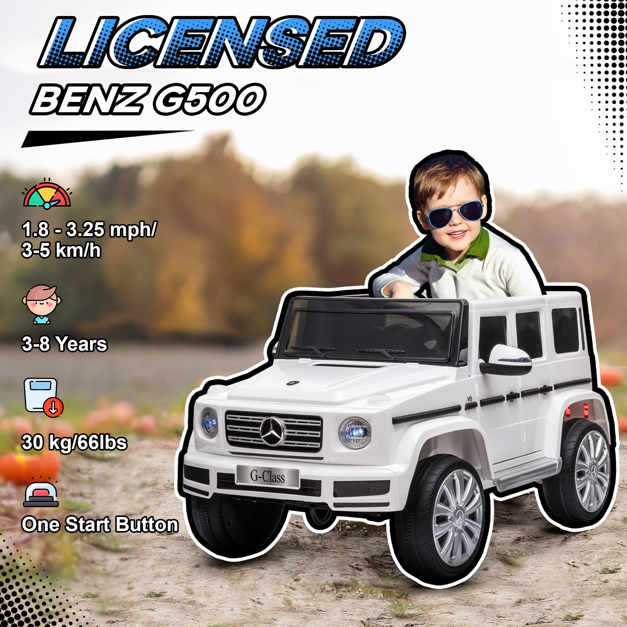 Mercedes Benz G500 Brinquedo elétrico para crianças com licença oficial, 12 V, com controlo remoto parental, alimentado a bateria, 2 motores, luzes musicais, MP3, para crianças dos 3 aos 8 anos, branco