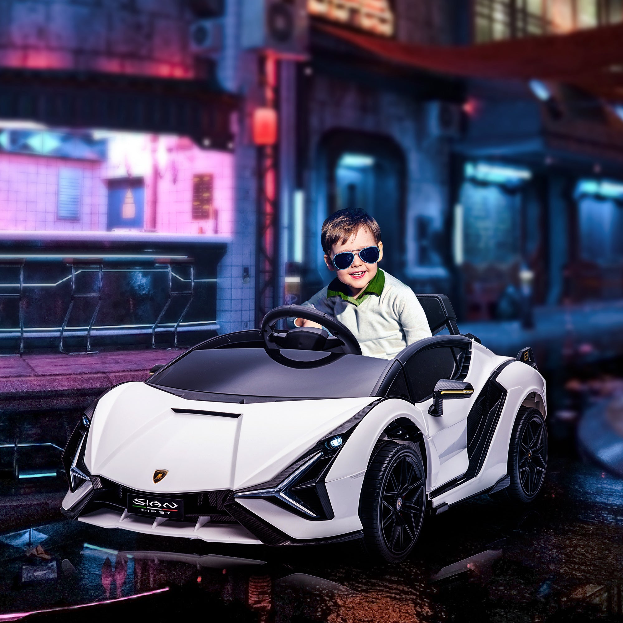 Carro elétrico infantil compatível com bateria de 12 V Lamborghini SIAN Toy com controlo remoto parental, luzes e MP3 para crianças de 3 a 5 anos, branco