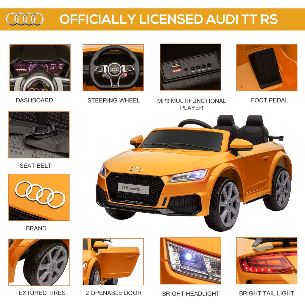 Carro infantil licenciado Audi TT RS com bateria de 12 V, suspensão com controle remoto, faróis e leitor de MP3, velocidade de 3 km/h, cor amarela
